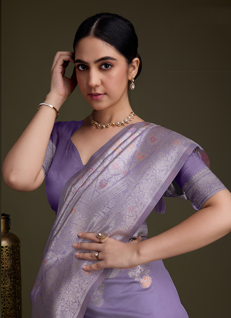 Buy Soft Silk Lavender Traditional Wear Zari Weaving Saree Online From